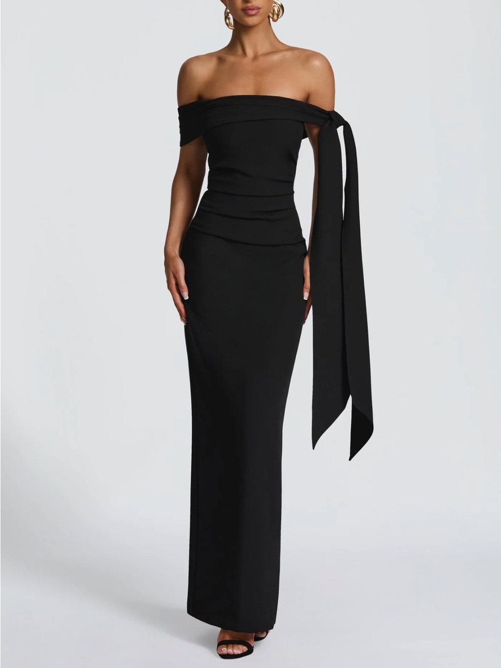 Babyboo Addie Maxi Dress- Off-Shoulder Black Evening Gown with Side Tie